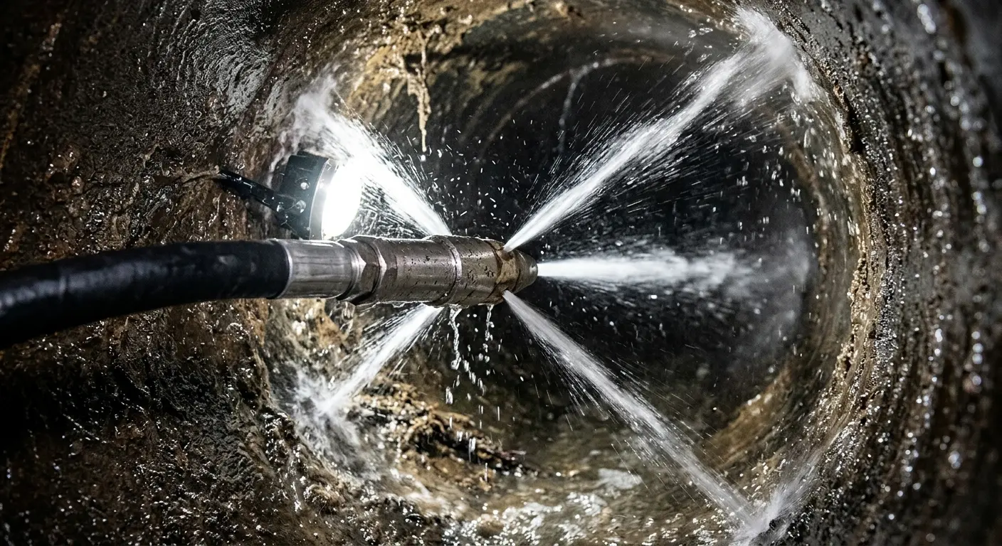 High-pressure hydro jetting nozzle cleaning sewer pipe for Sewer Line Relining in Crete