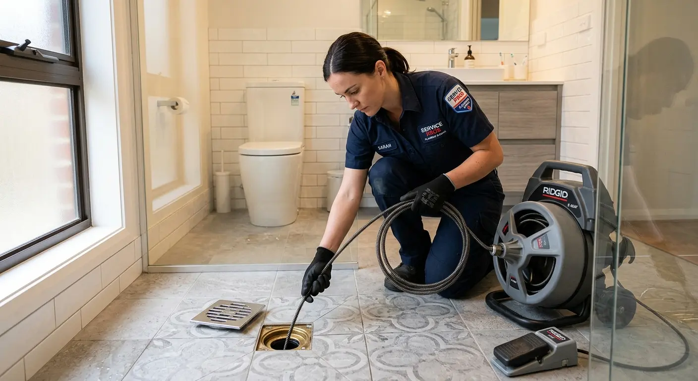Technician clearing a bathroom floor drain for Drain Cleaning in Crete